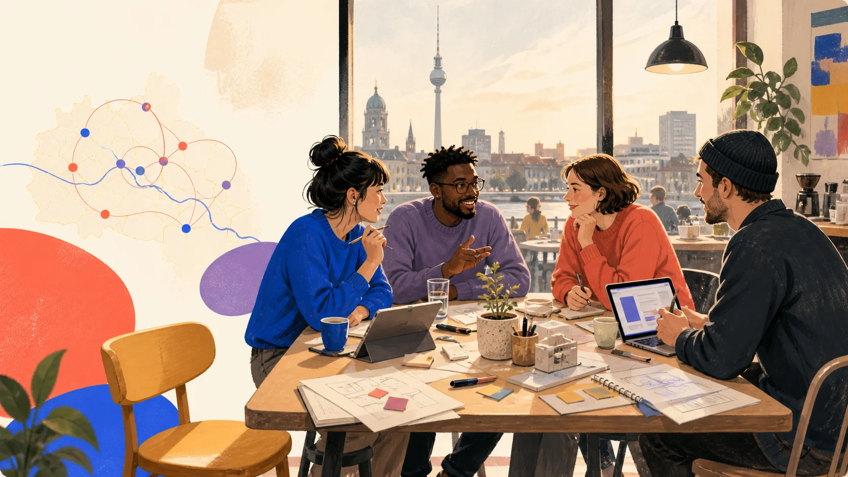 four founders working together at a berlin cafe table with one open chair