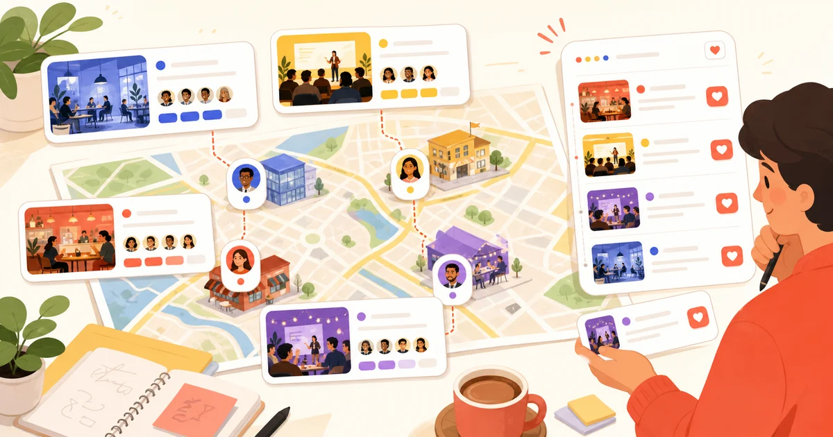 A founder comparing coworking, cafe, accelerator, and startup events on a warm illustrated city map