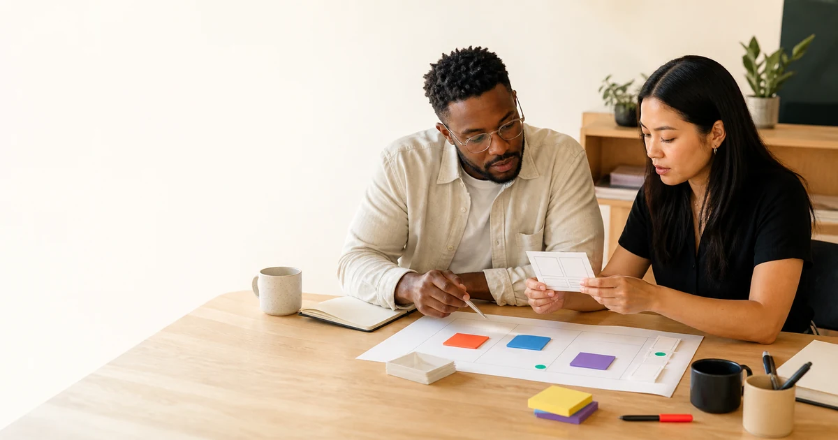 Two prospective cofounders reviewing a trial project scorecard beside laptops at a shared work table