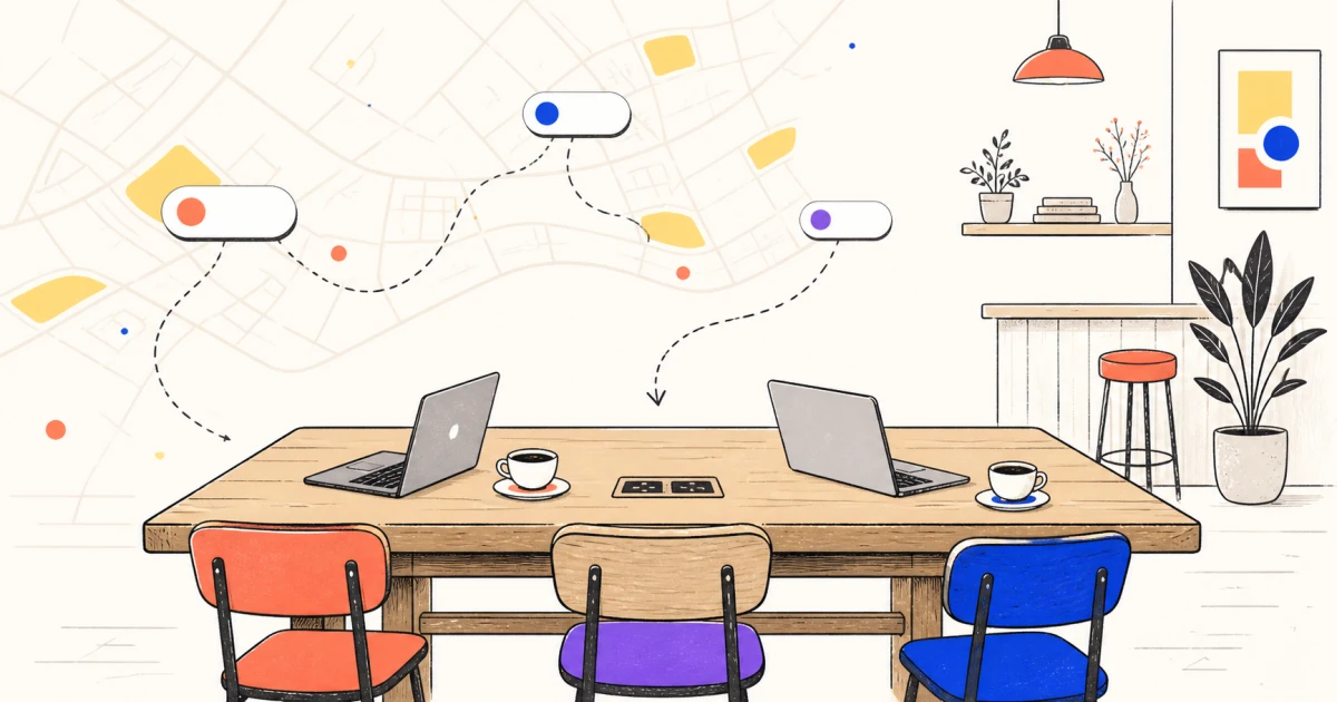Cream city map leading to a cafe table with two laptops, coffee cups and blue and coral markers