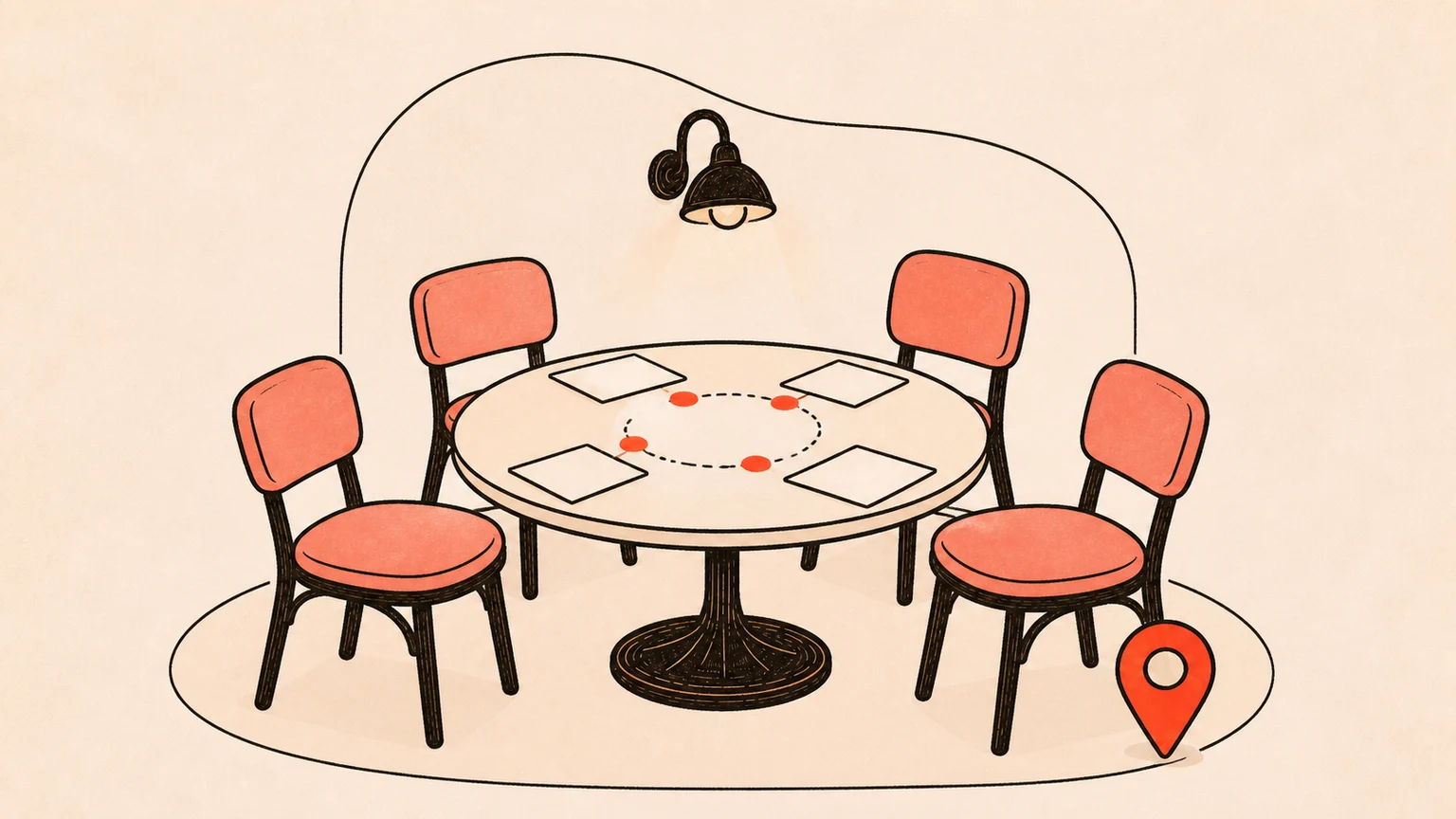 Four coral chairs circle a cream paper FounderHub table with blank agenda cards and an anchor-dot path