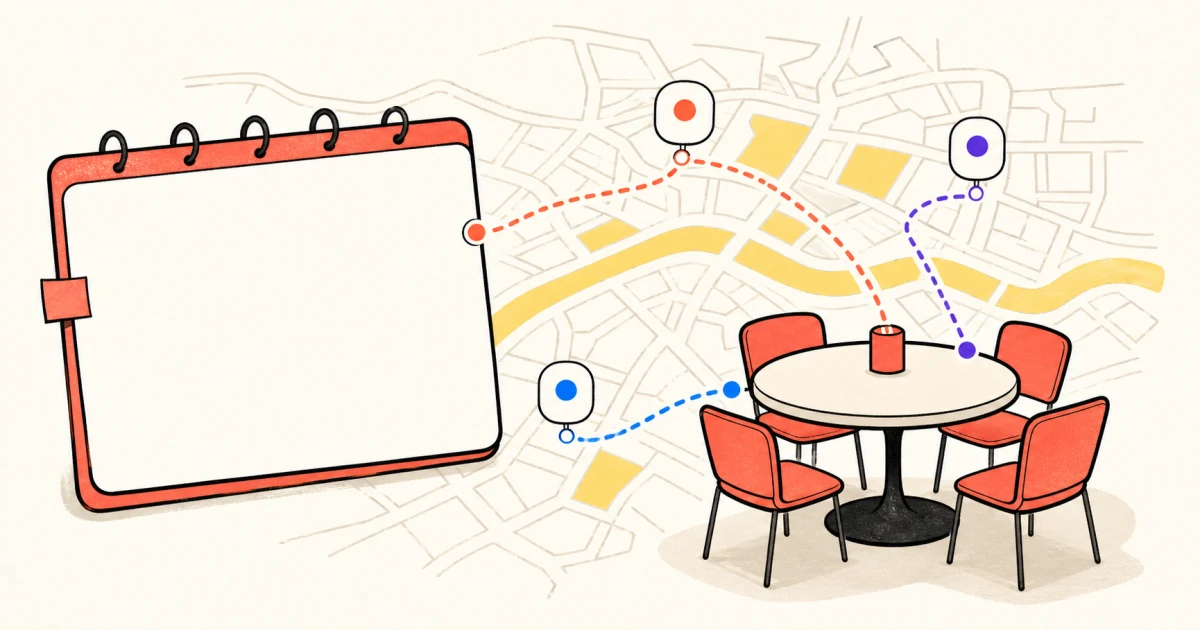 Warm cream event board with a calendar card, cafe table and coral, blue and violet city markers