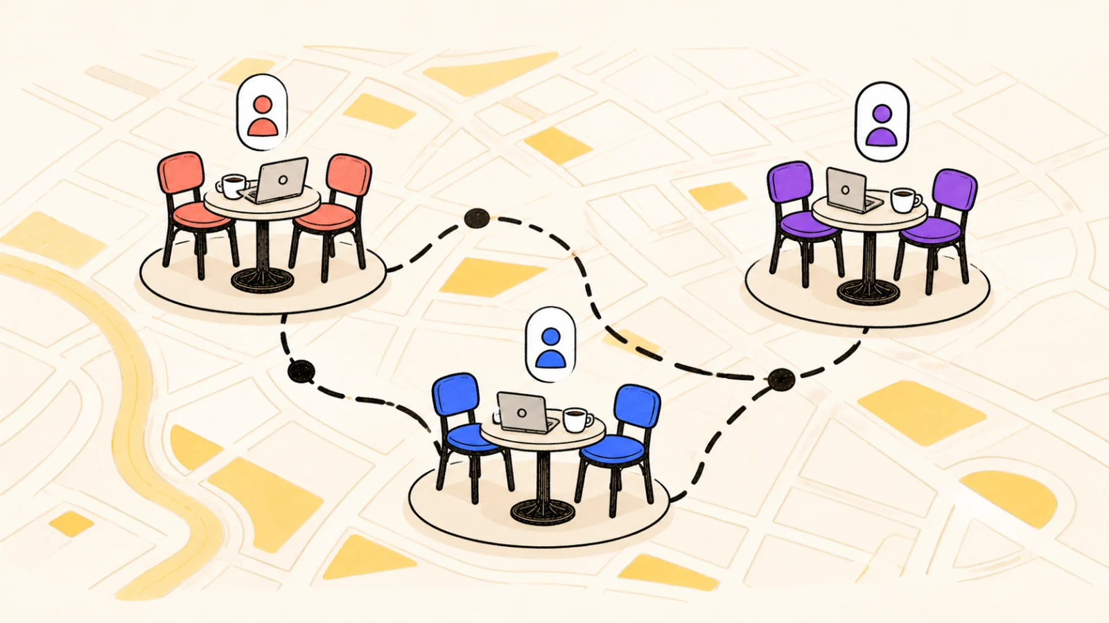 illustrated founderhub city map connecting three coral, blue and violet coworking tables
