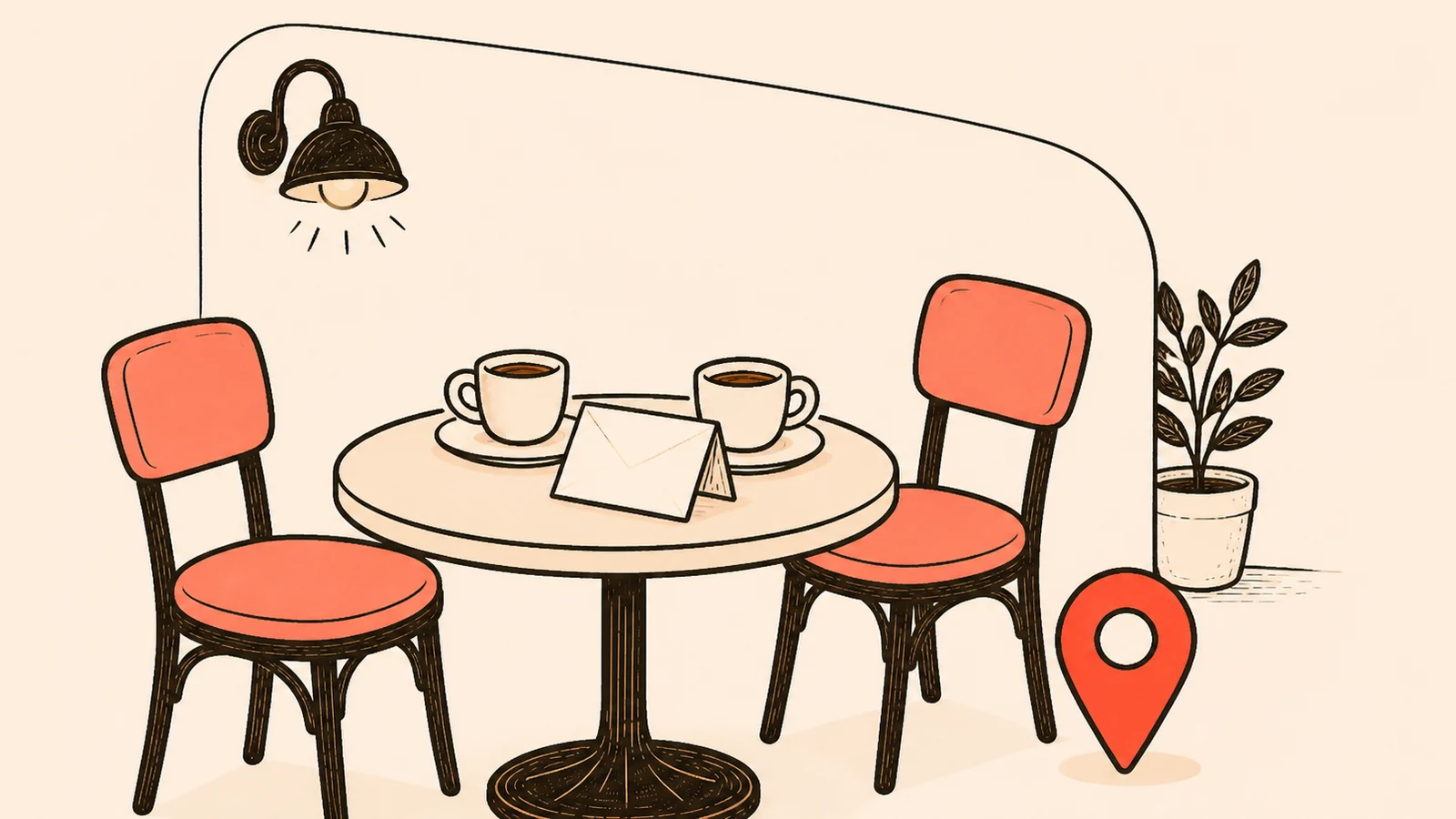 Two coral cafe chairs, two coffee cups, and a blank invitation at a founderhub table