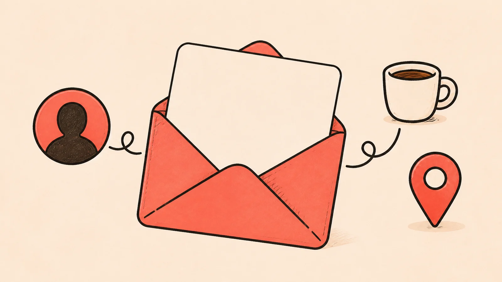 Blank invitation, coral envelope, coffee cup, and location pin in founderhub's hand-drawn style