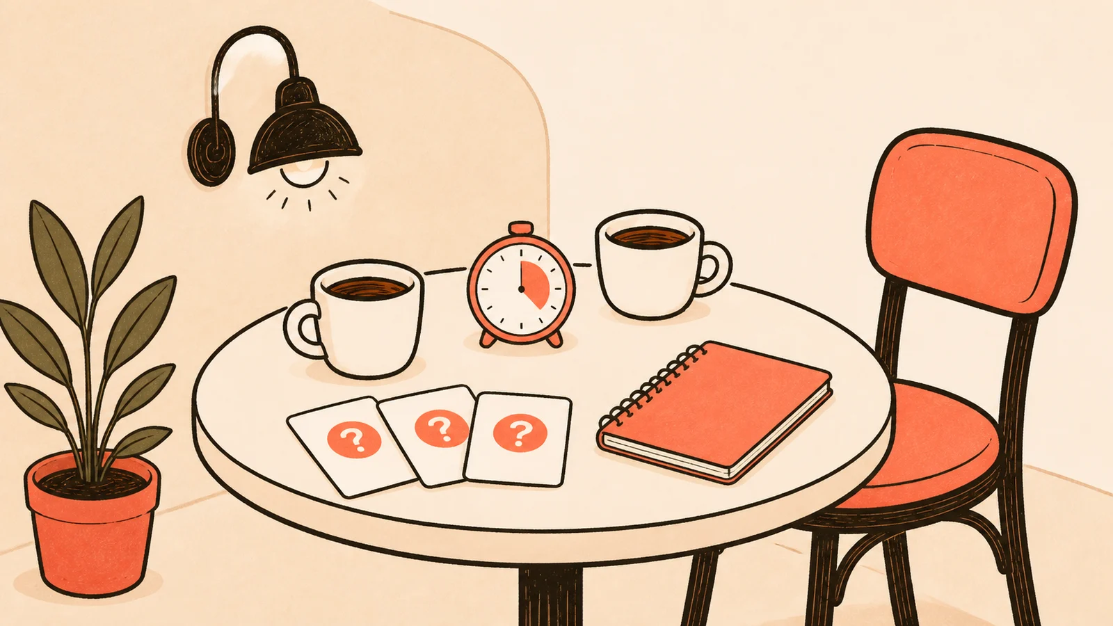 Two coffee cups, blank question cards, a notebook, and a timer on a coral founderhub table